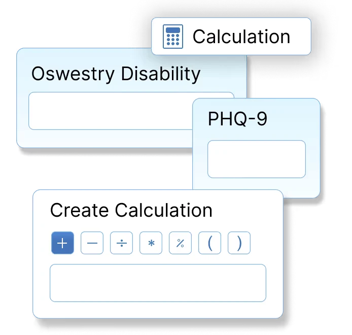 Zentake calculation builder: Oswestry Disability and PHQ-9 assessment fields with a Create Calculation panel of math operators