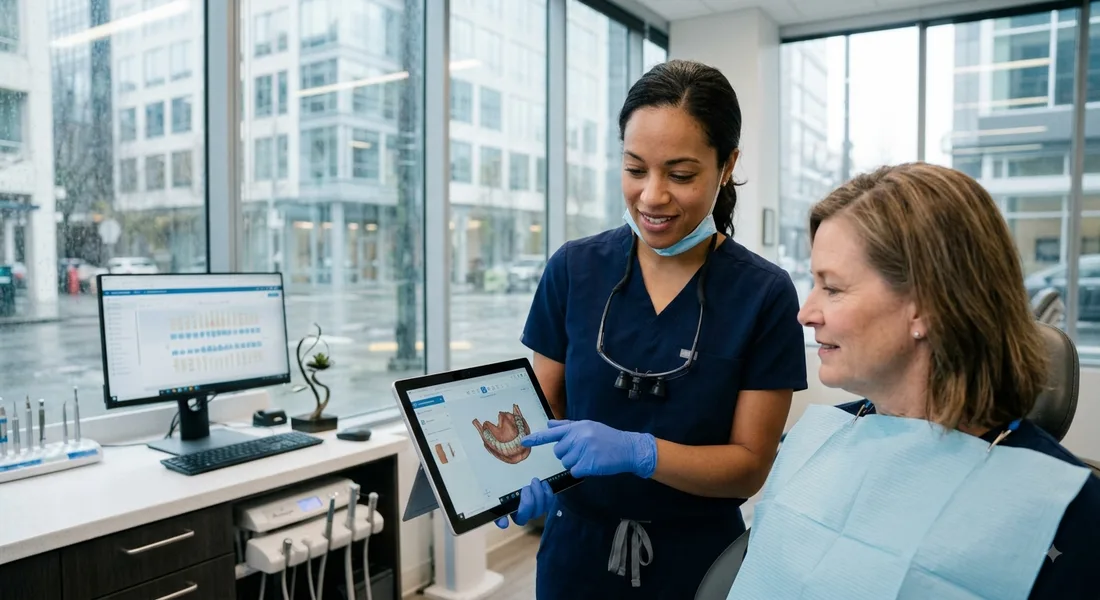 A dental hygienist reviewing a scan with a patient on a tablet