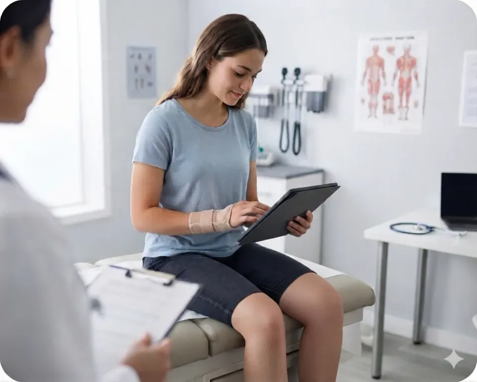 A patient completing intake on an in-clinic tablet