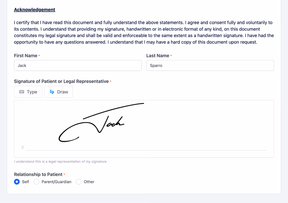 Patient acknowledgement and e-signature form