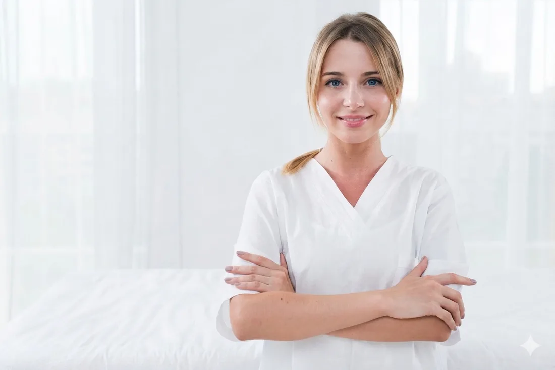 An aesthetician in a bright treatment room at a medical spa